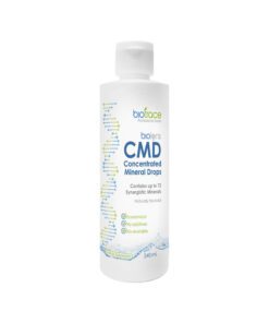 White plastic bottle labeled Biotrace CMD Concentrated Mineral Drops with blue and green text and a DNA strand graphic, 240 mL dietary supplement