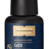 Bottle of Quicksilver Scientific Nanoemulsion CoQ10 Cellular Energy Optimizer dietary supplement with a black pump top and blue label