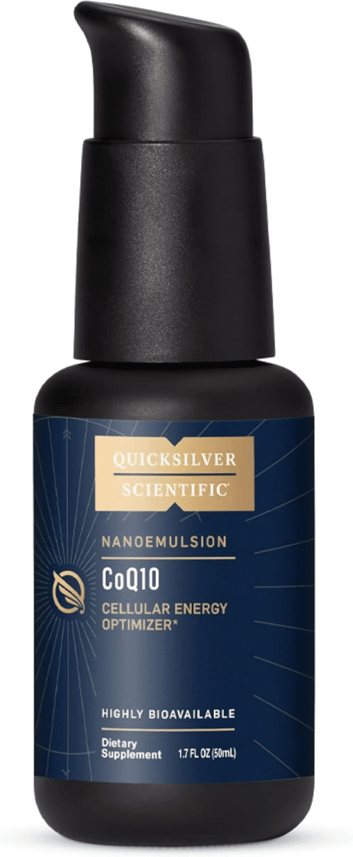 Bottle of Quicksilver Scientific Nanoemulsion CoQ10 Cellular Energy Optimizer dietary supplement with a black pump top and blue label