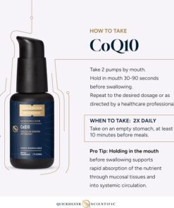 A Quicksilver Scientific CoQ10 dietary supplement bottle with instructions on how to take it, including taking 2 pumps by mouth, holding in the mouth 30-90 seconds before swallowing, taking 2 times daily on an empty stomach, and a pro tip about holding in the mouth for better absorption.
