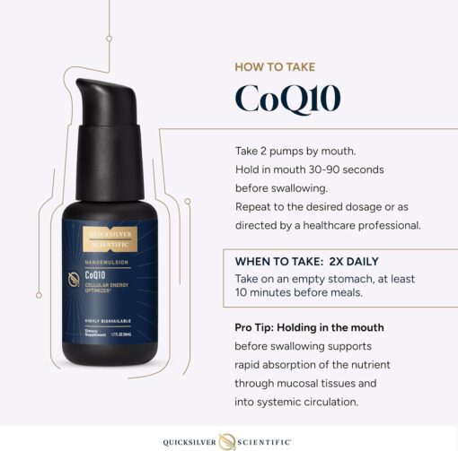 A Quicksilver Scientific CoQ10 dietary supplement bottle with instructions on how to take it, including taking 2 pumps by mouth, holding in the mouth 30-90 seconds before swallowing, taking 2 times daily on an empty stomach, and a pro tip about holding in the mouth for better absorption.
