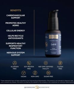 A bottle of Quicksilver Scientific CoQ10 Cellular Energy Optimizer displayed against a dark background with a list of benefits including cardiovascular support, healthy aging, cellular energy, recycling antioxidants, respiratory function, and nervous system support, along with icons indicating the product is allergen-free, soy protein-free, NSF GMP certified, gluten-free, vegan, non-GMO, and sugar-free.
