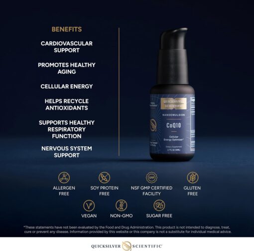 A bottle of Quicksilver Scientific CoQ10 Cellular Energy Optimizer displayed against a dark background with a list of benefits including cardiovascular support, healthy aging, cellular energy, recycling antioxidants, respiratory function, and nervous system support, along with icons indicating the product is allergen-free, soy protein-free, NSF GMP certified, gluten-free, vegan, non-GMO, and sugar-free.
