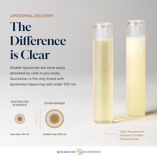 Comparison showing two test tubes with liquid side by side; the test tube on the left with clearer liquid represents Quicksilver Scientific's liposomes smaller than 100 nm, while the test tube on the right with cloudy liquid represents other brands' liposomes larger than 200 nm, illustrating that smaller liposomes are more easily absorbed by cells.