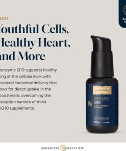 Bottle of Quicksilver Scientific CoQ10 nanoemulsion dietary supplement with text highlighting its support for healthy aging at the cellular level and enhanced bloodstream absorption via advanced liposomal delivery.