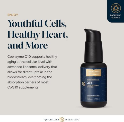 Bottle of Quicksilver Scientific CoQ10 nanoemulsion dietary supplement with text highlighting its support for healthy aging at the cellular level and enhanced bloodstream absorption via advanced liposomal delivery.