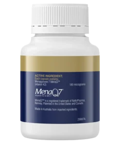 White supplement bottle with a white ribbed cap and a blue and gold label detailing the active ingredient as Menaquinone 7 (vitamin K2), 180 micrograms, branded as MenaQ7, made in Australia from imported ingredients.