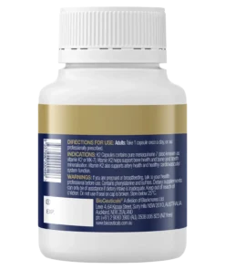 White supplement bottle with a gold and blue label showing directions, indications, warnings, and manufacturer contact information for BioCeuticals vitamin K2 capsules.