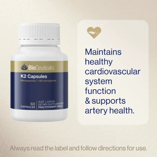 Bottle of BioCeuticals K2 Capsules dietary supplement with text stating it maintains healthy cardiovascular system function and supports artery health, with a reminder to always read the label and follow directions for use.