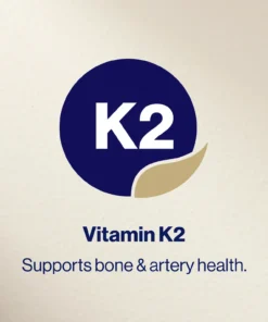 Logo with a dark blue circle and a gold curved shape peeling at the bottom right, containing the text 'K2', with caption 'Vitamin K2 Supports bone & artery health.' on a beige background
