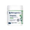 White container of Metagenics Glutagenics oral powder dietary supplement, lemon lime flavor, with labels indicating it soothes, repairs, and supports a healthy gastrointestinal lining and is made with plant-based ingredients.