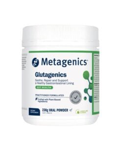 White container of Metagenics Glutagenics oral powder dietary supplement, lemon lime flavor, with labels indicating it soothes, repairs, and supports a healthy gastrointestinal lining and is made with plant-based ingredients.