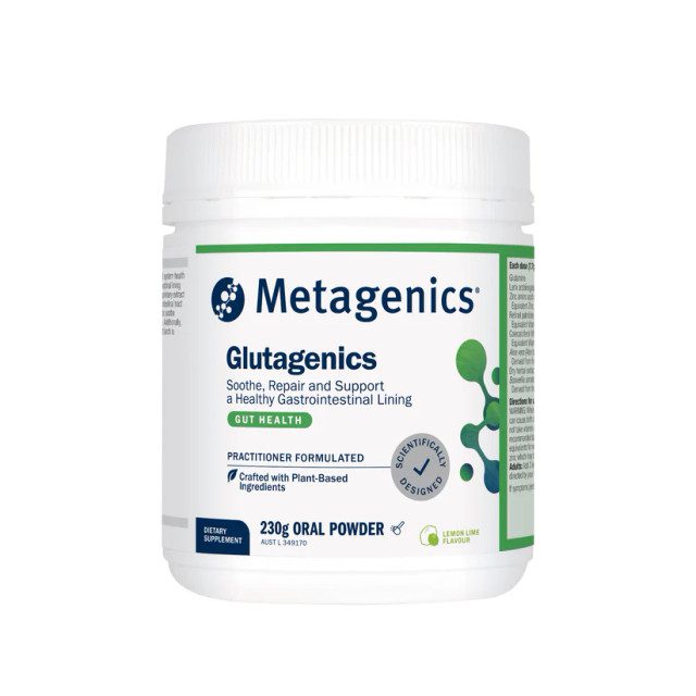 White container of Metagenics Glutagenics oral powder dietary supplement, lemon lime flavor, with labels indicating it soothes, repairs, and supports a healthy gastrointestinal lining and is made with plant-based ingredients.