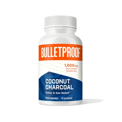 Bottle of Bulletproof Coconut Charcoal dietary supplement with 1,000 mg activated charcoal, marketed for detox and gas relief, containing 90 vegetarian capsules.