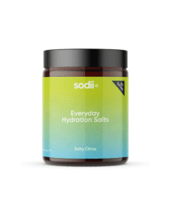 Jar of sodii Everyday Hydration Salts in Salty Citrus flavor with a gradient green to blue label and black lid, indicating 30 serves.