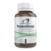 Brown bottle with white cap labeled Designs for Health ProbioSpore dietary supplement containing Bacillus coagulans, supporting intestinal flora and bowel regularity, with 60 vegetarian capsules for professional use only.