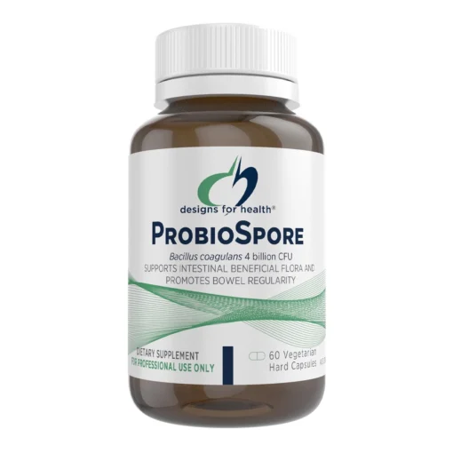 Brown bottle with white cap labeled Designs for Health ProbioSpore dietary supplement containing Bacillus coagulans, supporting intestinal flora and bowel regularity, with 60 vegetarian capsules for professional use only.
