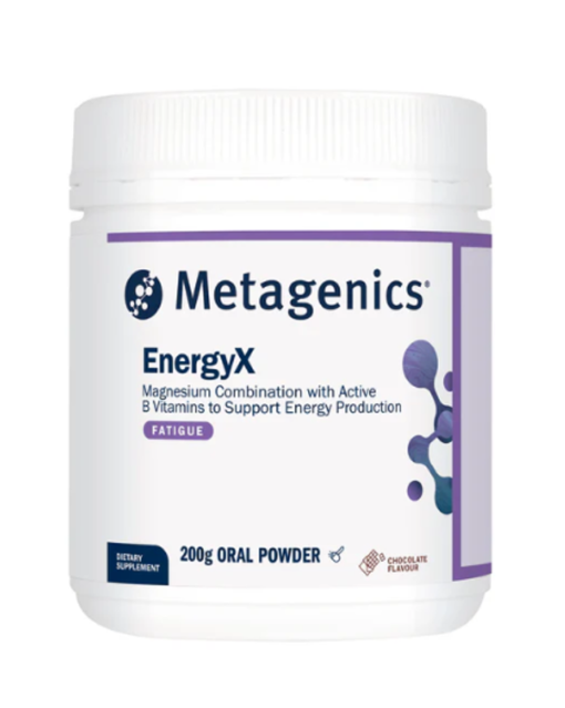 White container of Metagenics EnergyX magnesium and active B vitamins dietary supplement for energy production with fatigue support, 200g oral powder, chocolate flavor