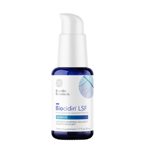 Blue and white pump bottle of Biocidin Botanicals Biocidin LSF dietary supplement with leaf design on label