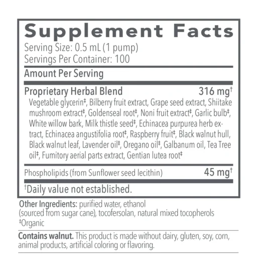 Supplement Facts label detailing a proprietary herbal blend with 316 mg per serving including vegetable glycerin, bilberry fruit extract, grape seed extract, shiitake mushroom extract, goldenseal root, noni fruit extract, garlic bulb, white willow bark, milk thistle seed, echinacea purpurea and angustifolia root, raspberry fruit, black walnut hull and leaf, lavender oil, oregano oil, galbanum oil, tea tree oil, fumitory aerial parts extract, and gentian lutea root, plus 45 mg phospholipids from sunflower seed lecithin; serving size 0.5 mL (1 pump), 100 servings per container. Other ingredients are purified water, ethanol from sugar cane, tocofersolan, and natural mixed tocopherols. Contains walnut and is free from dairy, gluten, soy, corn, animal products, artificial coloring, or flavoring.