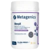 Container of Metagenics SleepX dietary supplement oral powder with tropical flavour, supporting a healthy circadian rhythm, featuring magnesium with lutein, zeaxanthin, and ashwagandha, labeled as practitioner formulated and clinically studied ingredient.