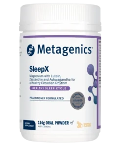 Container of Metagenics SleepX dietary supplement oral powder with tropical flavour, supporting a healthy circadian rhythm, featuring magnesium with lutein, zeaxanthin, and ashwagandha, labeled as practitioner formulated and clinically studied ingredient.