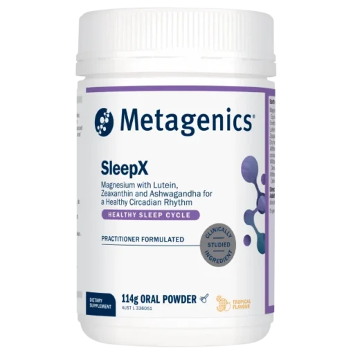Container of Metagenics SleepX dietary supplement oral powder with tropical flavour, supporting a healthy circadian rhythm, featuring magnesium with lutein, zeaxanthin, and ashwagandha, labeled as practitioner formulated and clinically studied ingredient.