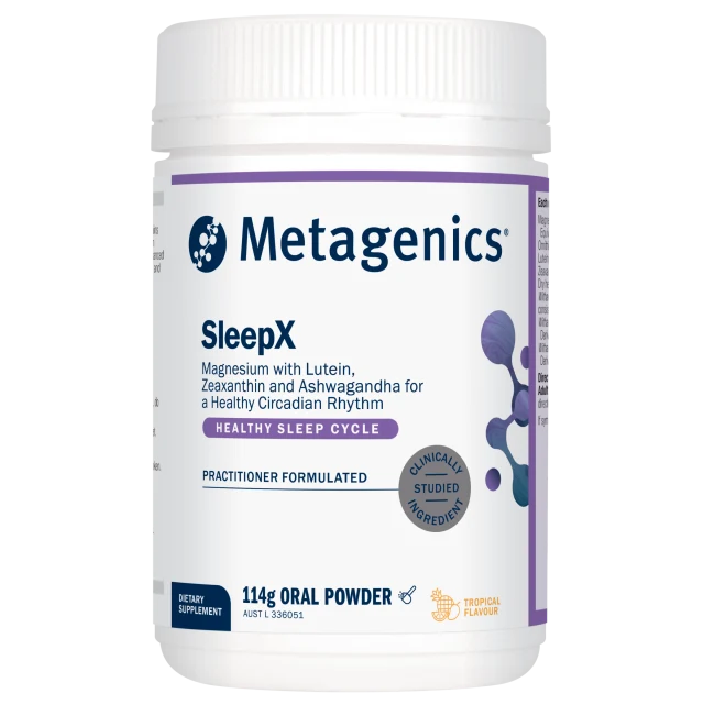 Container of Metagenics SleepX dietary supplement oral powder with tropical flavour, supporting a healthy circadian rhythm, featuring magnesium with lutein, zeaxanthin, and ashwagandha, labeled as practitioner formulated and clinically studied ingredient.