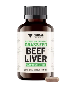 Brown bottle of Primal Collective Australian Organic Grass Fed Beef Liver capsules with a clear capsule shown next to it