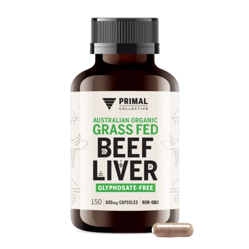 Brown bottle of Primal Collective Australian Organic Grass Fed Beef Liver capsules with a clear capsule shown next to it