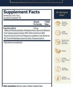 Supplement facts label for a product named Keto Before 6, showing serving size, proprietary blend ingredients including phospholipids, diindolylmethane, milk thistle seed extract, resveratrol, and others, plus claims of allergen-free, GMP certified, quicksilver delivery systems, vegan, tested soy protein free, non-GMO, and gluten free.