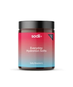 Brown jar with a black lid labeled sodii Everyday Hydration Salts in Salty Raspberry flavor, containing 30 serves, with a gradient label from red to blue.