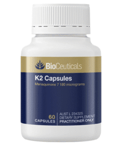 White bottle of BioCeuticals K2 Capsules dietary supplement containing 60 capsules with 7,180 micrograms menaquinone, labeled for practitioner use only.