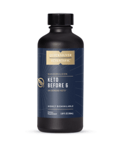 Black bottle labeled Quicksilver Scientific Nanoemulsion Keto Before 6 on Demand Keto dietary supplement, 3.38 fl oz (100 ml)