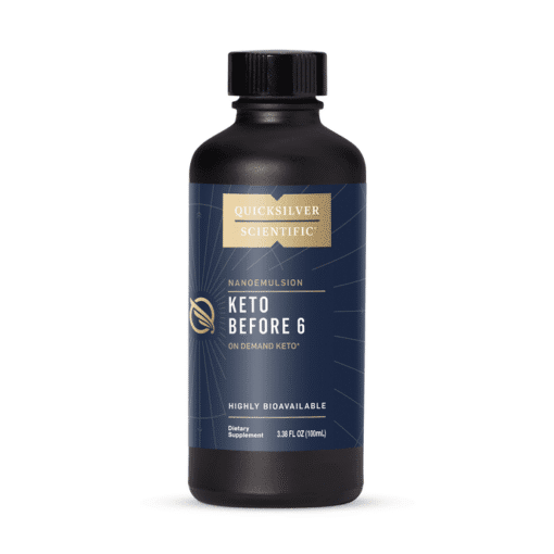 Black bottle labeled Quicksilver Scientific Nanoemulsion Keto Before 6 on Demand Keto dietary supplement, 3.38 fl oz (100 ml)