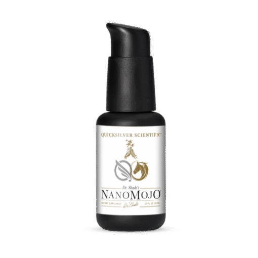 Small black pump bottle of Quicksilver Scientific Dr. Shade's NanoMojo dietary supplement with white label featuring gold and gray botanical and horse graphics