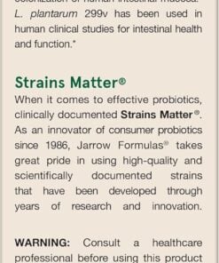 Text describing suggested use of Jarro-Dophilus Ideal Bowel Support probiotic for adults, details on the probiotic strain L. plantarum 299v and its benefits, explanation of the Strains Matter brand's commitment to quality, and a warning to consult healthcare professionals before use with specific health conditions or age restrictions, along with an FDA disclaimer about the product's intended use.