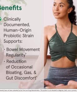 A woman in a dark green sports bra and gray leggings sits cross-legged in a yoga pose, looking to the side, next to a text listing the benefits of a probiotic strain supporting bowel movement regularity and reduction of occasional bloating, gas, and gut discomfort, with a disclaimer about FDA evaluation at the bottom.