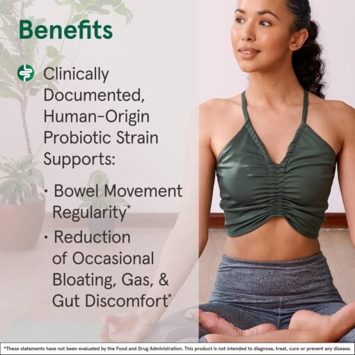 A woman in a dark green sports bra and gray leggings sits cross-legged in a yoga pose, looking to the side, next to a text listing the benefits of a probiotic strain supporting bowel movement regularity and reduction of occasional bloating, gas, and gut discomfort, with a disclaimer about FDA evaluation at the bottom.