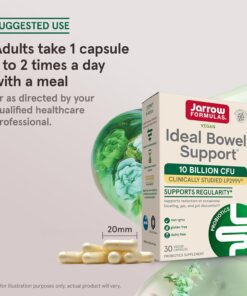 Box of Jarrow Formulas Ideal Bowel Support probiotics with 30 veggie capsules, promoting bowel regularity and gut health, next to several capsules with a 20mm size reference and suggested adult use instructions.