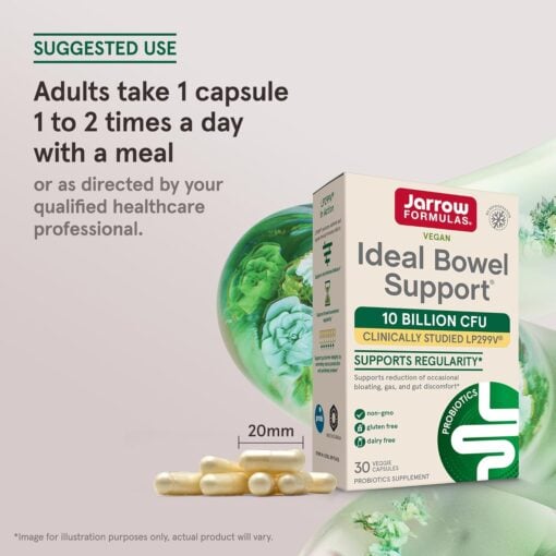 Box of Jarrow Formulas Ideal Bowel Support probiotics with 30 veggie capsules, promoting bowel regularity and gut health, next to several capsules with a 20mm size reference and suggested adult use instructions.