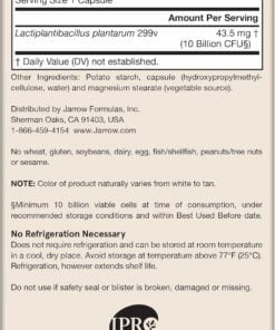 Supplement facts label for Lactiplantibacillus plantarum 299v probiotic, 299v strain, 43.5 mg, 10 billion CFUs per capsule, with other ingredients potato starch, capsule made of hydroxypropylmethylcellulose and water, and magnesium stearate from vegetable source; no wheat, gluten, soybeans, dairy, egg, fish, shellfish, peanuts, tree nuts, or sesame; storage instructions recommending no refrigeration, keep under 77°F, and avoid use if safety seal or blister is broken; product distributed by Jarrow Formulas, Sherman Oaks, CA; dairy-free and gluten-free.