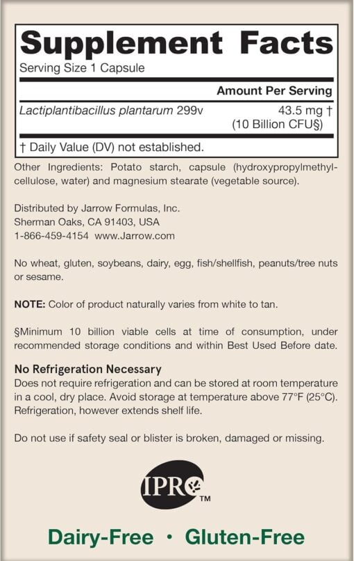 Supplement facts label for Lactiplantibacillus plantarum 299v probiotic, 299v strain, 43.5 mg, 10 billion CFUs per capsule, with other ingredients potato starch, capsule made of hydroxypropylmethylcellulose and water, and magnesium stearate from vegetable source; no wheat, gluten, soybeans, dairy, egg, fish, shellfish, peanuts, tree nuts, or sesame; storage instructions recommending no refrigeration, keep under 77°F, and avoid use if safety seal or blister is broken; product distributed by Jarrow Formulas, Sherman Oaks, CA; dairy-free and gluten-free.