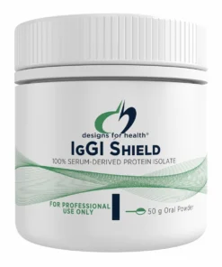 White container of Designs for Health IgGI Shield 100% serum-derived protein isolate oral powder for professional use, 50 g.