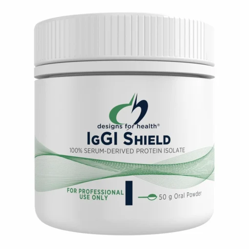White container of Designs for Health IgGI Shield 100% serum-derived protein isolate oral powder for professional use, 50 g.