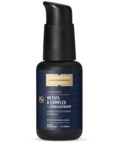 Black bottle with a pump dispenser containing Quicksilver Scientific Liposomal Methyl B-Complex dietary supplement with lemon raspberry flavor, 1.7 fl oz