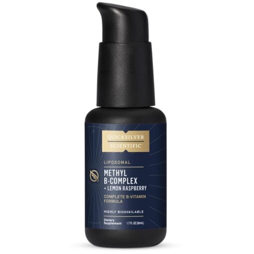 Black bottle with a pump dispenser containing Quicksilver Scientific Liposomal Methyl B-Complex dietary supplement with lemon raspberry flavor, 1.7 fl oz