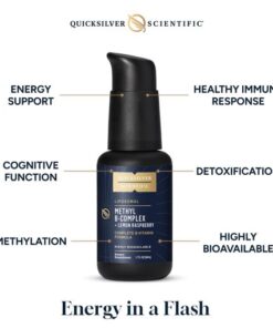 Quicksilver Scientific liposomal Methyl B-Complex with Lemon Raspberry supplement bottle showing labeled benefits including energy support, healthy immune response, cognitive function, detoxification, methylation, and high bioavailability, captioned 'Energy in a Flash'