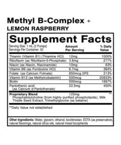 Supplement facts label for Methyl B-Complex Lemon Raspberry showing serving size 1 mL (2 pumps), 50 servings per container, with amounts and daily values of vitamins including Thiamin, Riboflavin, Niacin, Vitamin B6, Folate, Vitamin B12, Biotin, and Pantothenic acid, plus a proprietary blend and a list of other ingredients like water, glycerin, ethanol, and natural flavorings.
