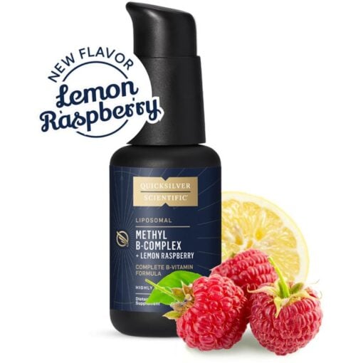 Black bottle of Quicksilver Scientific liposomal Methyl B-Complex dietary supplement in lemon raspberry flavor, accompanied by fresh raspberries and a lemon slice.